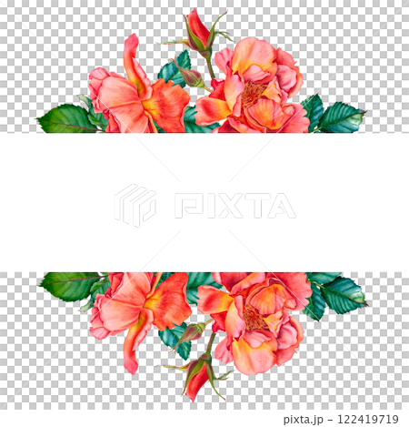 Botanical frame with rose flowers, green leaves and buds. Hand painted watercolor illustration on isolated background. Blank postcard with space for text. For summer floral design, wedding invitation. Botanical frame with rose flowers, green leaves and buds. Hand painted watercolor illustration on isolated background. Blank postcard with space for text. For summer floral design, wedding invitation. 122419719