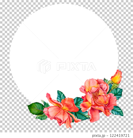 Watercolor floral wreath with red-yellow roses in blossom, green leaves and buds isolated on white background. Hand painted botanical illustration of flowers for invitations, wedding or greeting cards Watercolor floral wreath with red-yellow roses in blossom, green leaves and buds isolated on white background. Hand painted botanical illustration of flowers for invitations, wedding or greeting cards 122419721
