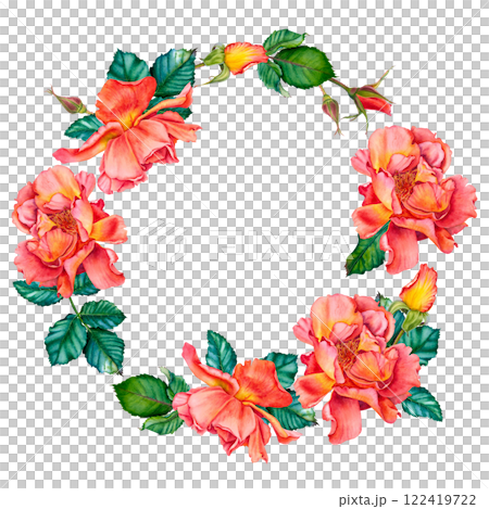 Watercolor floral wreath with red-yellow roses in blossom, green leaves and buds isolated on white background. Hand painted botanical illustration of flowers for invitations, wedding or greeting cards Watercolor floral wreath with red-yellow roses in blossom, green leaves and buds isolated on white background. Hand painted botanical illustration of flowers for invitations, wedding or greeting cards 122419722