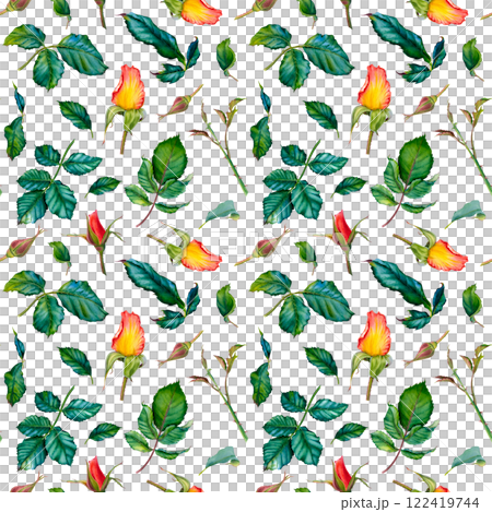 Seamless pattern featuring watercolor illustration of red rose buds and green leaves on white background. Hand drawn illustration for Valentine's Day textile or packaging design, invitations, cards. Seamless pattern featuring watercolor illustration of red rose buds and green leaves on white background. Hand drawn illustration for Valentine's Day textile or packaging design, invitations, cards. 122419744