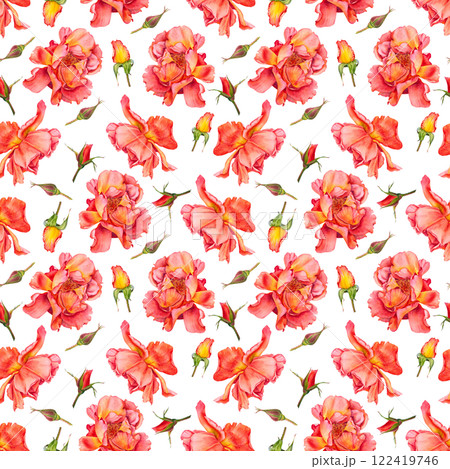 Seamless pattern with red blooming roses and buds on white background. Hand drawn botanical illustration of flowers in vibrant colors for Valentine's Day textile, packaging design, invitations, cards. 122419746