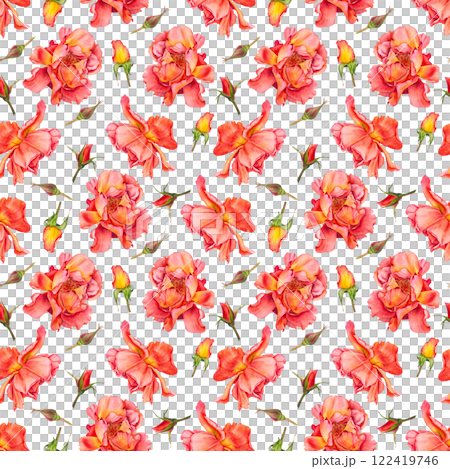 Seamless pattern with red blooming roses and buds on white background. Hand drawn botanical illustration of flowers in vibrant colors for Valentine's Day textile, packaging design, invitations, cards. 122419746