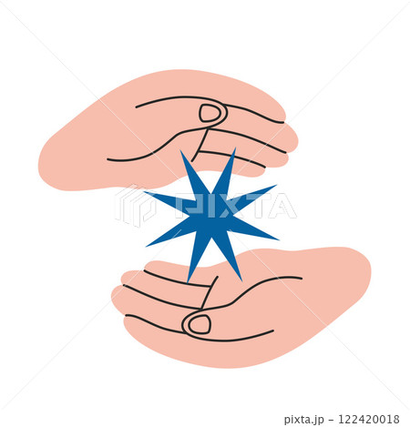 Hands gestures, two palms carefully hold the star between themselves. Gesturing human arms. Trendy modern vector illustration isolated on white background, hand drawn, flat design Hands gestures, two palms carefully hold the star between themselves. Gesturing human arms. Trendy modern vector illustration isolated on white background, hand drawn, flat design 122420018