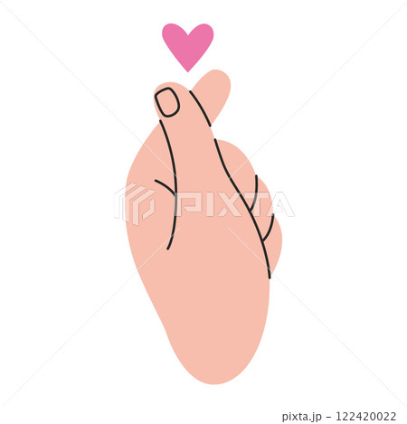 Hand gesture, K-Heart, crossed thumb and index finger make a heart, love sign. Gesturing human arm. Trendy modern vector illustration isolated on white background, hand drawn, flat design 122420022