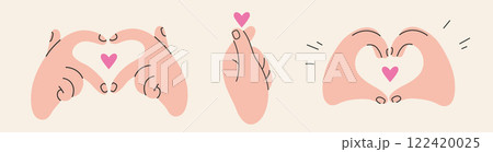 Gestures set, Hands making Heart shape, love sign. Gesturing human arms. Trendy modern vector illustration isolated on white background, hand drawn, flat design 122420025