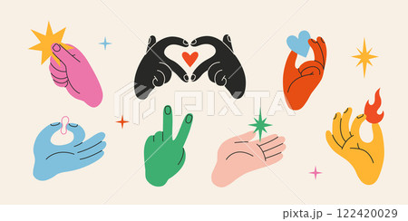 Colorful Hands gestures set. Gesturing human arms making Heart shape, holding fire and star, showing peace sign. Trendy modern vector isolated illustration, hand drawn, flat design 122420029