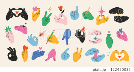 Colorful Hands gestures big set. Gesturing human arms holding fire and star, making Heart shape, showing peace and OK sign, writes with pen or pencil. Trendy modern vector illustration, flat design Colorful Hands gestures big set. Gesturing human arms holding fire and star, making Heart shape, showing peace and OK sign, writes with pen or pencil. Trendy modern vector illustration, flat design 122420033