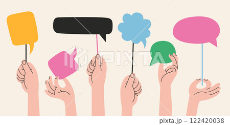 Various hands holding speech bubble with Empty space for text, different shapes. Expressing Diverse Opinions and Ideas concept. Human arms and Gestures. Modern vector illustration, flat design 122420038