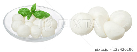 Mini mozzarella balls with basil leaf in a glass bowl isolated on white background with full depth of field. 122420196