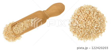 Sesame seeds in wooden scoop isolated on white background. Top view. Flat lay Sesame seeds in wooden scoop isolated on white background. Top view. Flat lay 122420203