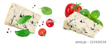 Blue cheese gorgonzola isolated on white background with full depth of field. Top view. Flat lay. 122420216