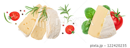 Camembert cheese with rosemary isolated on white background with full depth of field. Top view. Flat lay 122420235