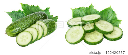 Sliced cucumber isolated on white background with full depth of field, 122420237