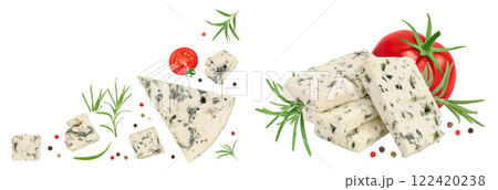 Blue cheese slices with rosemary isolated on white background . Top view with copy space for your text . Flat lay. 122420238