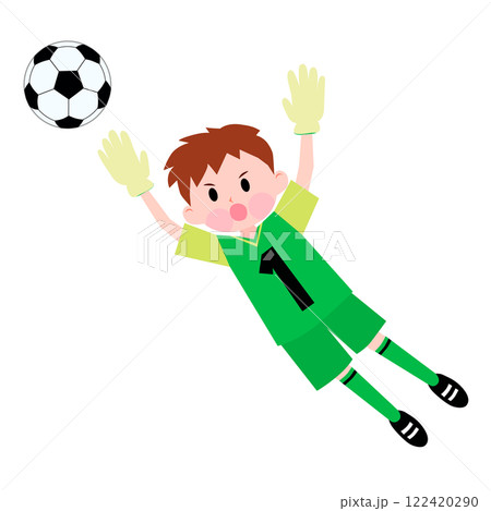 緑のユニフォームを着たゴールキーパーの男の子　サッカー 122420290