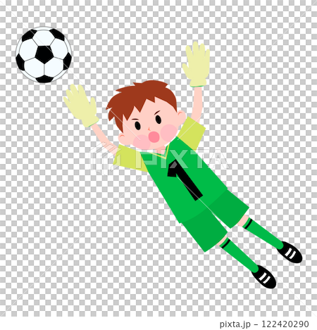 緑のユニフォームを着たゴールキーパーの男の子　サッカー 122420290