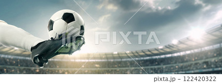 Banner. Soccer athlete performing high kick, striking soccer ball mid-air with precision, powerful motion captured against stadium backdrop. Banner. Soccer athlete performing high kick, striking soccer ball mid-air with precision, powerful motion captured against stadium backdrop. 122420322