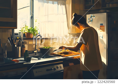 モダンなキッチンで料理を準備する人のイラスト モダンなキッチンで料理を準備する人のイラスト 122420560