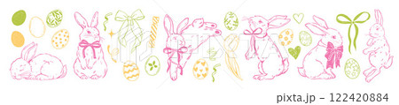 Happy Easter bunny set, vector doodle rabbit illustration, cute hand drawn jumping hare, ribbon bow. 122420884