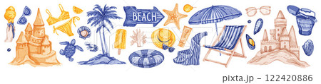 Watercolor summer beach set, vacation ocean coast hand drawn vector sticker, sand castle, umbrella. Watercolor summer beach set, vacation ocean coast hand drawn vector sticker, sand castle, umbrella. 122420886