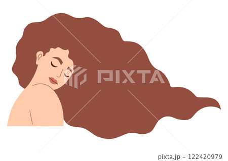 Cute pretty woman brunette with long hair. Peaceful Female portrait. Vector illustration Cute pretty woman brunette with long hair. Peaceful Female portrait. Vector illustration 122420979