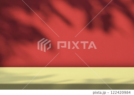 Concrete Table with Leaves Shadow on Red Wall Background 122420984