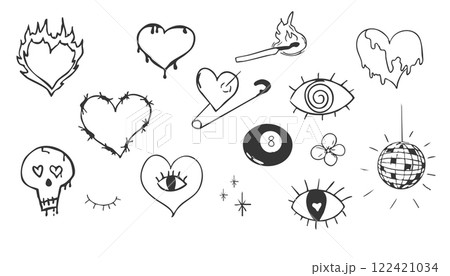 Psychedelic doodle heart barbed wire, with fire nd eye, graffiti groovy set. Retro tattoo grunge lucky ball, disko ball. Street sketch skull and fire vintage aesthetic. Psychedelic doodle heart barbed wire, with fire nd eye, graffiti groovy set. Retro tattoo grunge lucky ball, disko ball. Street sketch skull and fire vintage aesthetic. 122421034