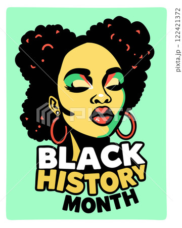 Black History Month. Bright portrait of young black woman in pop art style with lettering. Vector poster 122421372