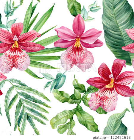 Hand painted seamless pattern. exotic orchid, tropical foliage watercolor botanical floral design print decor background Hand painted seamless pattern. exotic orchid, tropical foliage watercolor botanical floral design print decor background 122421618