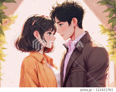 向かい合ってほほ笑むアニメ風カップル 122421761