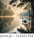 静寂の湖に舞う白鳥 ～朝焼けの優雅な一瞬～ 122421768
