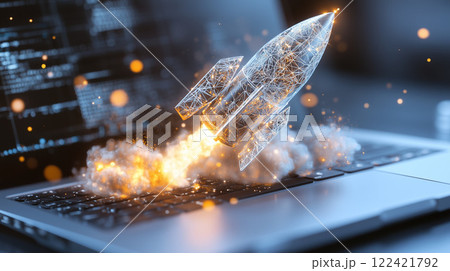 ノートパソコンから飛び立つデジタルロケット｜ビジネス成長とテクノロジー革新を象徴するコンセプトアート 122421792