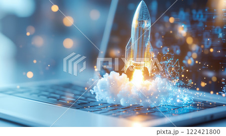 ノートパソコンから飛び立つデジタルロケット|ビジネス成長とテクノロジー革新を象徴するコンセプトアート ノートパソコンから飛び立つデジタルロケット|ビジネス成長とテクノロジー革新を象徴するコンセプトアート 122421800