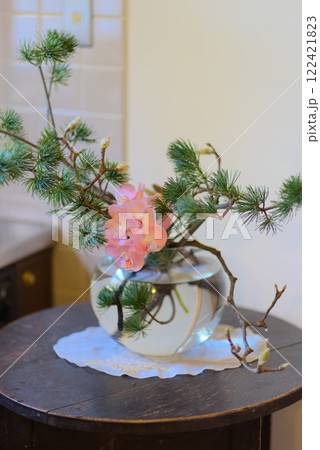 洋館のテーブルに飾られた桃色胡蝶蘭と松の生け花 122421823