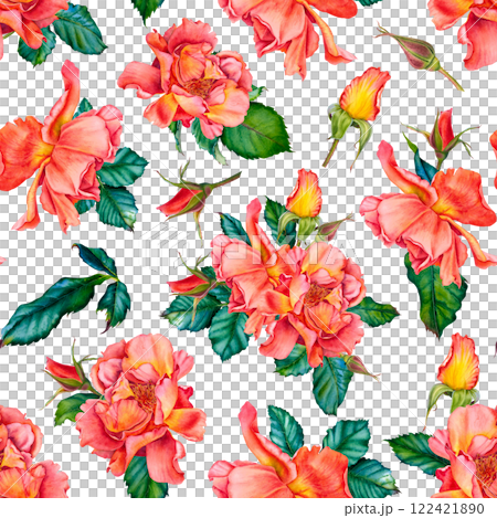 Seamless pattern featuring watercolor illustrations of red roses, buds and leaves on white background. Hand drawn illustration for Valentine's Day textile or packaging design, invitations, cards. Seamless pattern featuring watercolor illustrations of red roses, buds and leaves on white background. Hand drawn illustration for Valentine's Day textile or packaging design, invitations, cards. 122421890