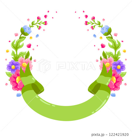 Background with flowers and ribbon. Beautiful decorative natural plants and leaves. Background with flowers and ribbon. Beautiful decorative natural plants and leaves. 122421920