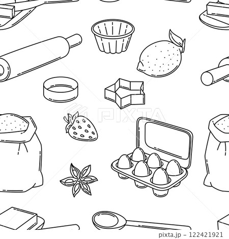 Pattern with bakery utensils. Cooking tools for home and recipe items. 122421921