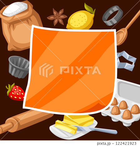 Background with bakery utensils. Cooking tools for home and recipe items. 122421923