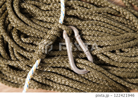 Carabiner and Rope. Grasping Oblique. Austrian Klemheist Knot. Climbing Nautical Applications. Carabiner and Rope. Grasping Oblique. Austrian Klemheist Knot. Climbing Nautical Applications. 122421946