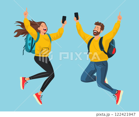 Happy woman and man with smartphones and backpacks. Tourists people jumping for joy. Vector illustration on blue background. Happy woman and man with smartphones and backpacks. Tourists people jumping for joy. Vector illustration on blue background. 122421947