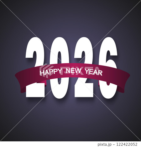 Poster with the text 2026 hidden with a wavy ribbon on a purple background, New Year card Poster with the text 2026 hidden with a wavy ribbon on a purple background, New Year card 122422052