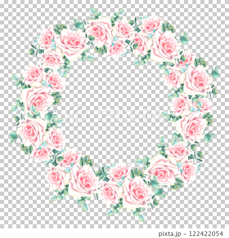 Watercolor floral wreath with pastel pink rose flowers and green eucalyptus leaves. Hand drawn botanical illustration on isolated background. Circle frame for greeting cards or wedding invitations. 122422054