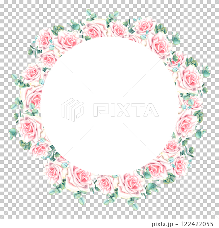 Watercolor floral wreath with pastel pink rose flowers and green eucalyptus leaves. Hand drawn botanical illustration on isolated background. Circle frame for greeting cards or wedding invitations. 122422055