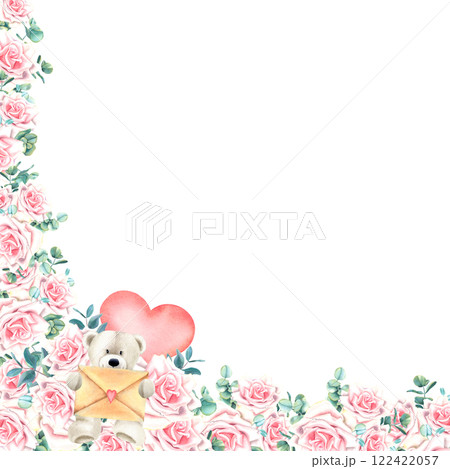 Corner floral frame with pastel pink rose flowers, green eucalyptus leaves and teddy bear with envelope. Watercolor hand drawn botanical illustration on isolated background. For greeting cards. 122422057