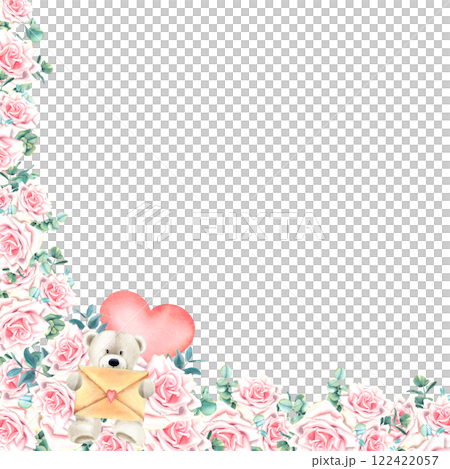 Corner floral frame with pastel pink rose flowers, green eucalyptus leaves and teddy bear with envelope. Watercolor hand drawn botanical illustration on isolated background. For greeting cards. Corner floral frame with pastel pink rose flowers, green eucalyptus leaves and teddy bear with envelope. Watercolor hand drawn botanical illustration on isolated background. For greeting cards. 122422057