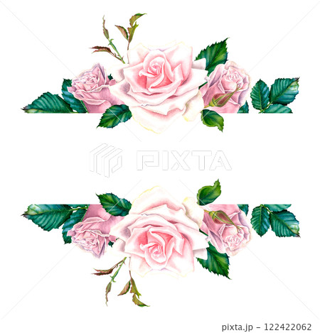 Botanical frame with rose flowers, green leaves and buds. Hand painted watercolor illustration on isolated background. Blank postcard with space for text. For summer floral design, wedding invitation. Botanical frame with rose flowers, green leaves and buds. Hand painted watercolor illustration on isolated background. Blank postcard with space for text. For summer floral design, wedding invitation. 122422062