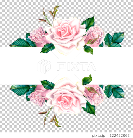 Botanical frame with rose flowers, green leaves and buds. Hand painted watercolor illustration on isolated background. Blank postcard with space for text. For summer floral design, wedding invitation. Botanical frame with rose flowers, green leaves and buds. Hand painted watercolor illustration on isolated background. Blank postcard with space for text. For summer floral design, wedding invitation. 122422062