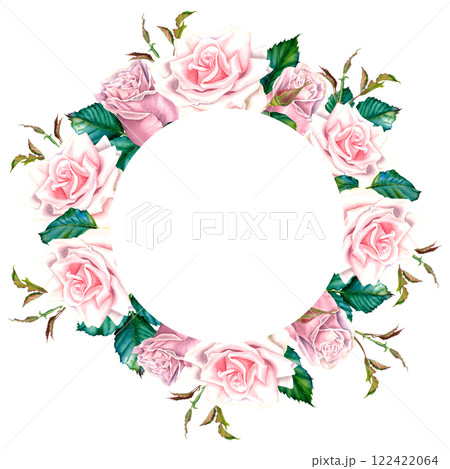 Watercolor floral wreath with pastel pink rose flowers, buds and green leaves. Hand drawn botanical illustration on isolated background. Circle frame for greeting cards or wedding invitations. Watercolor floral wreath with pastel pink rose flowers, buds and green leaves. Hand drawn botanical illustration on isolated background. Circle frame for greeting cards or wedding invitations. 122422064