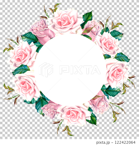 Watercolor floral wreath with pastel pink rose flowers, buds and green leaves. Hand drawn botanical illustration on isolated background. Circle frame for greeting cards or wedding invitations. Watercolor floral wreath with pastel pink rose flowers, buds and green leaves. Hand drawn botanical illustration on isolated background. Circle frame for greeting cards or wedding invitations. 122422064