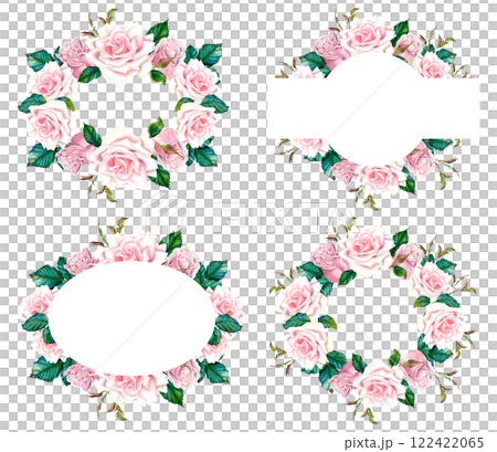 Watercolor frames and wreaths with pastel pink rose flowers, green leaves for greeting cards, invitations. Hand drawn botanical borders on isolated background. Oval and circle templates for postcards. 122422065